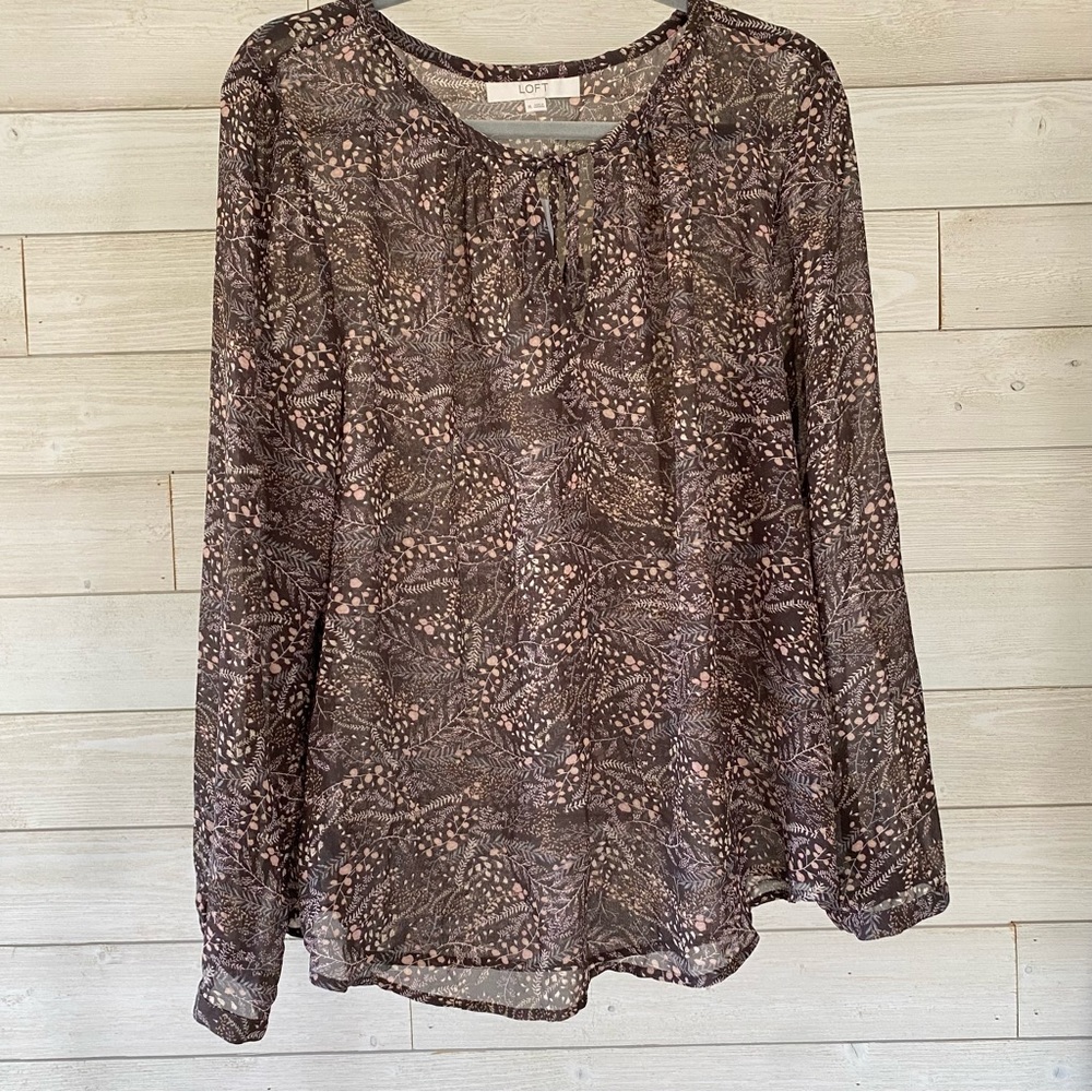 Ann Taylor Loft Long Sleeve Semi Sheer Blouse Floral Pattern - Brown - XL